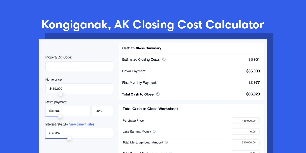 Kongiganak, AK Mortgage Closing Cost Calculator with taxes, homeowners insurance, and hoa