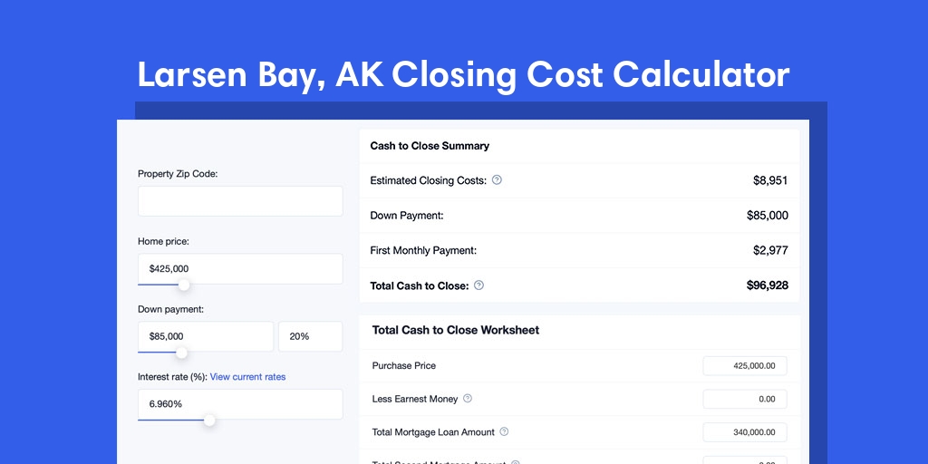 Larsen Bay, AK Mortgage Closing Cost Calculator with taxes, homeowners insurance, and hoa