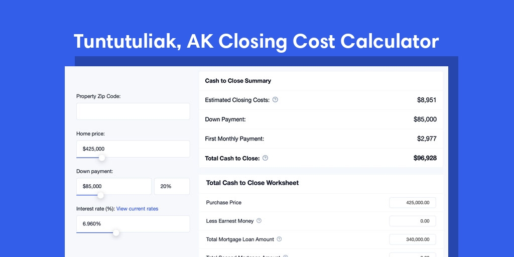 Tuntutuliak, AK Mortgage Closing Cost Calculator with taxes, homeowners insurance, and hoa