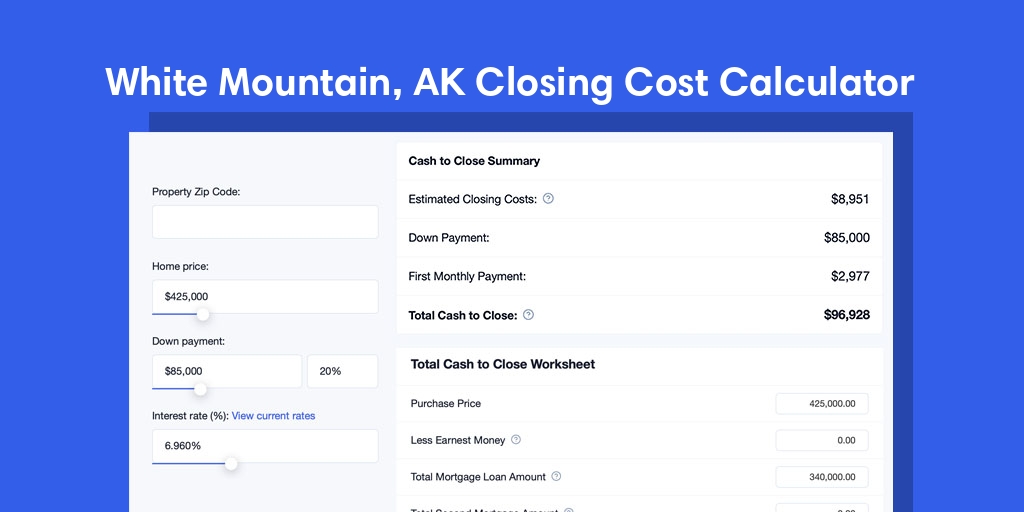 White Mountain, AK Mortgage Closing Cost Calculator with taxes, homeowners insurance, and hoa