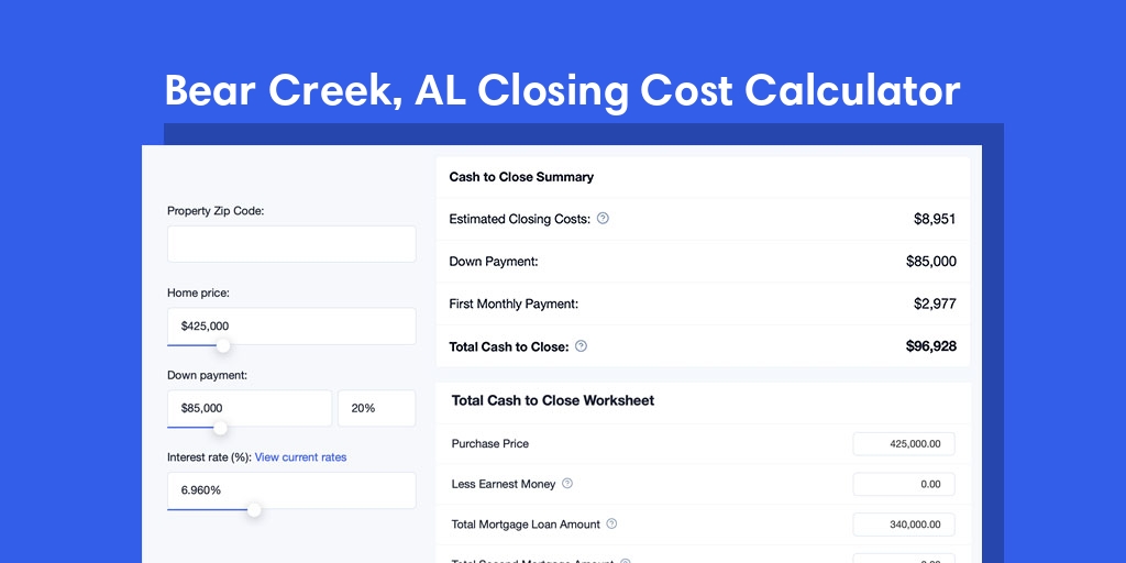 Bear Creek, AL Mortgage Closing Cost Calculator with taxes, homeowners insurance, and hoa