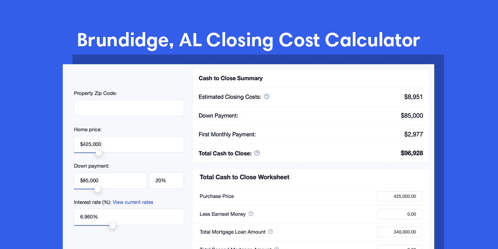 Brundidge, AL Mortgage Closing Cost Calculator with taxes, homeowners insurance, and hoa