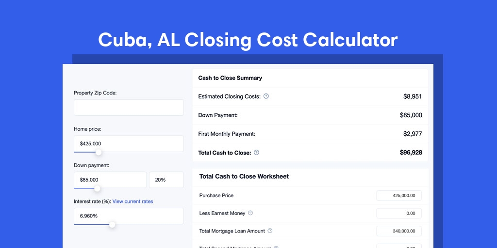 Cuba, AL Mortgage Closing Cost Calculator with taxes, homeowners insurance, and hoa