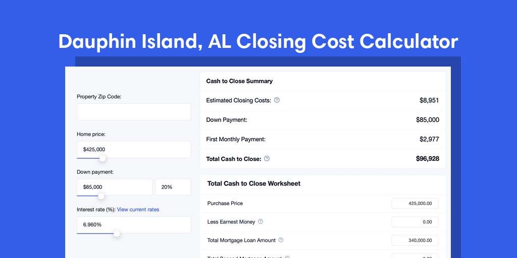 Dauphin Island, AL Mortgage Closing Cost Calculator with taxes, homeowners insurance, and hoa
