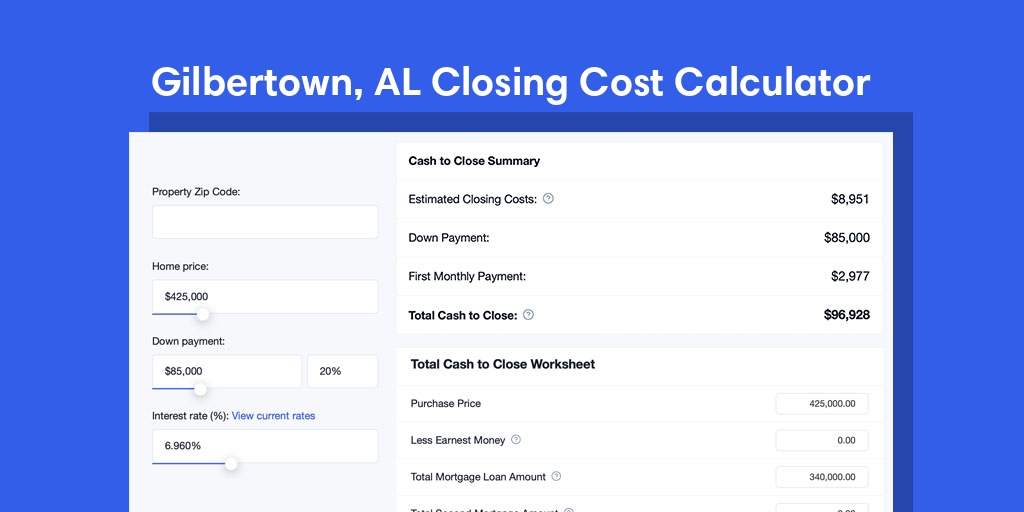 Gilbertown, AL Mortgage Closing Cost Calculator with taxes, homeowners insurance, and hoa