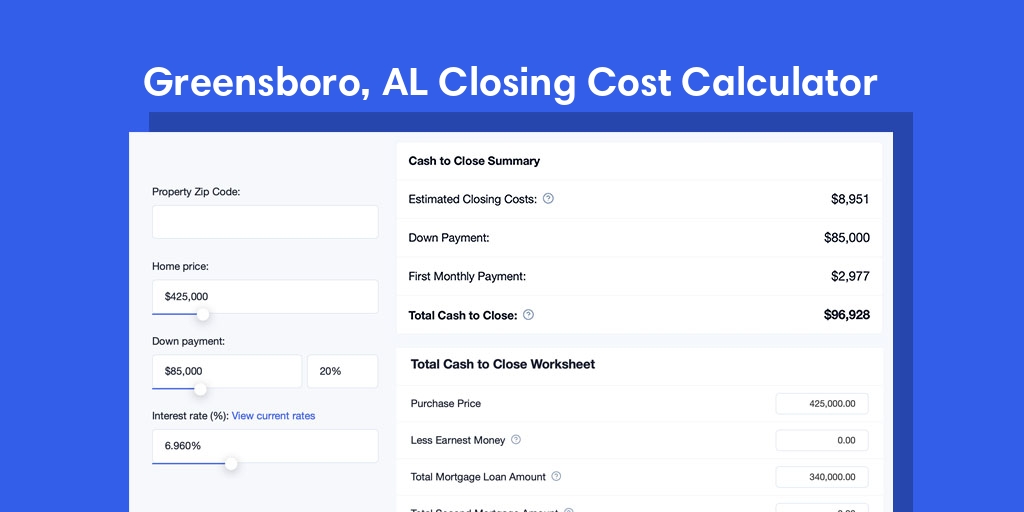 Greensboro, AL Mortgage Closing Cost Calculator with taxes, homeowners insurance, and hoa