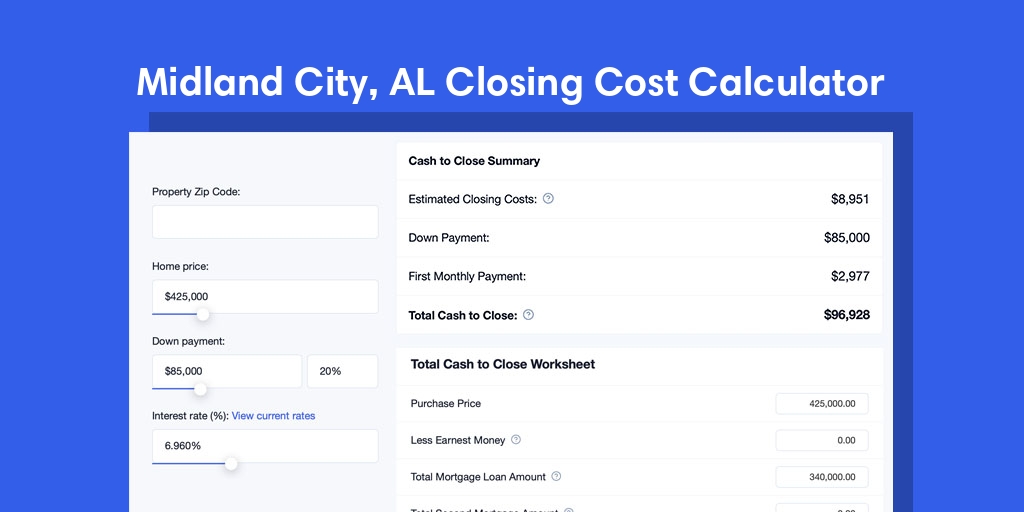 Midland City, AL Mortgage Closing Cost Calculator with taxes, homeowners insurance, and hoa