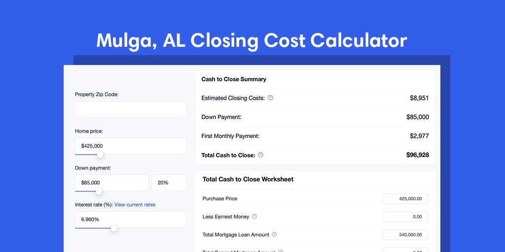 Mulga, AL Mortgage Closing Cost Calculator with taxes, homeowners insurance, and hoa
