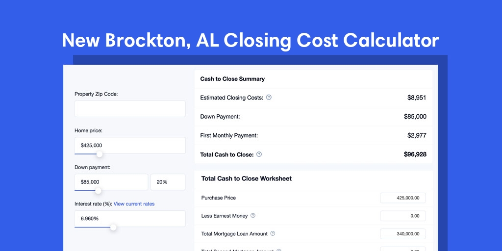 New Brockton, AL Mortgage Closing Cost Calculator with taxes, homeowners insurance, and hoa