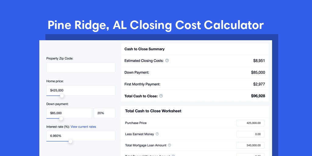 Pine Ridge, AL Mortgage Closing Cost Calculator with taxes, homeowners insurance, and hoa