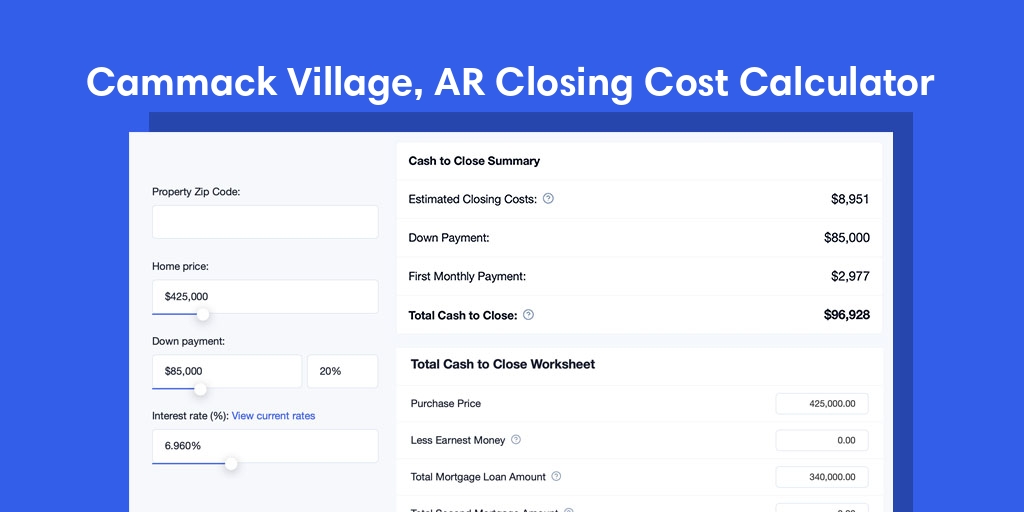 Cammack Village, AR Mortgage Closing Cost Calculator with taxes, homeowners insurance, and hoa