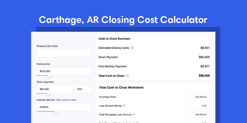 Carthage, AR Mortgage Closing Cost Calculator with taxes, homeowners insurance, and hoa