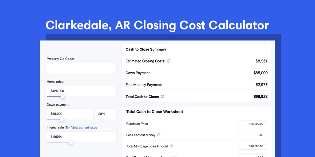 Clarkedale, AR Mortgage Closing Cost Calculator with taxes, homeowners insurance, and hoa