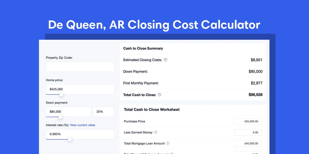 De Queen, AR Mortgage Closing Cost Calculator with taxes, homeowners insurance, and hoa