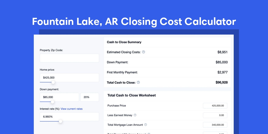 Fountain Lake, AR Mortgage Closing Cost Calculator with taxes, homeowners insurance, and hoa
