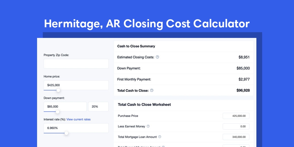 Hermitage, AR Mortgage Closing Cost Calculator with taxes, homeowners insurance, and hoa