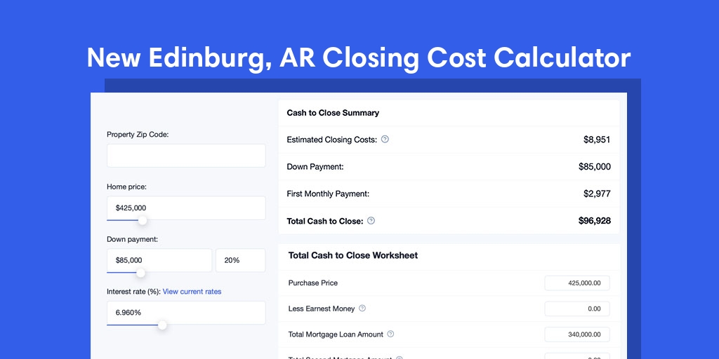 New Edinburg, AR Mortgage Closing Cost Calculator with taxes, homeowners insurance, and hoa