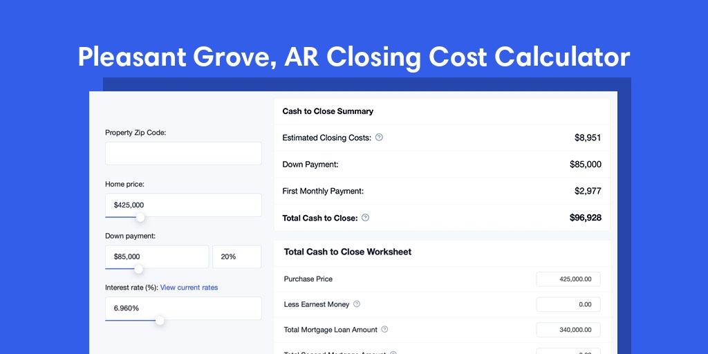 Pleasant Grove, AR Mortgage Closing Cost Calculator with taxes, homeowners insurance, and hoa