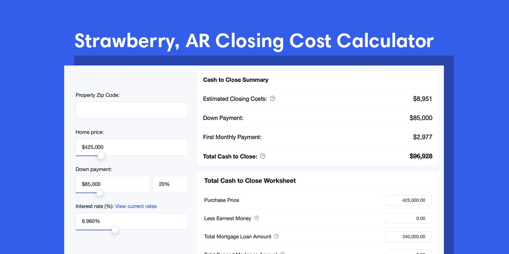 Strawberry, AR Mortgage Closing Cost Calculator with taxes, homeowners insurance, and hoa