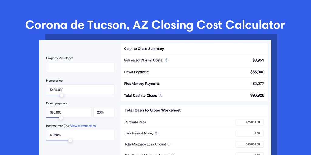Corona De Tucson, AZ Mortgage Closing Cost Calculator with taxes, homeowners insurance, and hoa