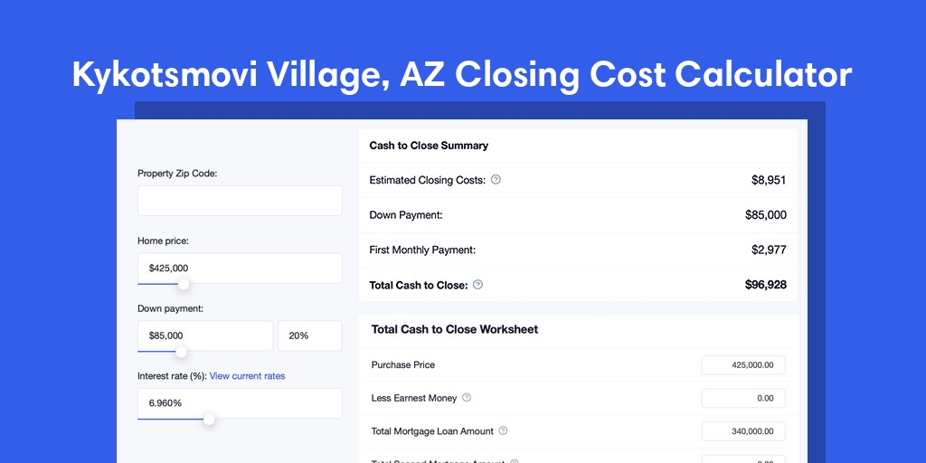 Kykotsmovi Village, AZ Mortgage Closing Cost Calculator with taxes, homeowners insurance, and hoa