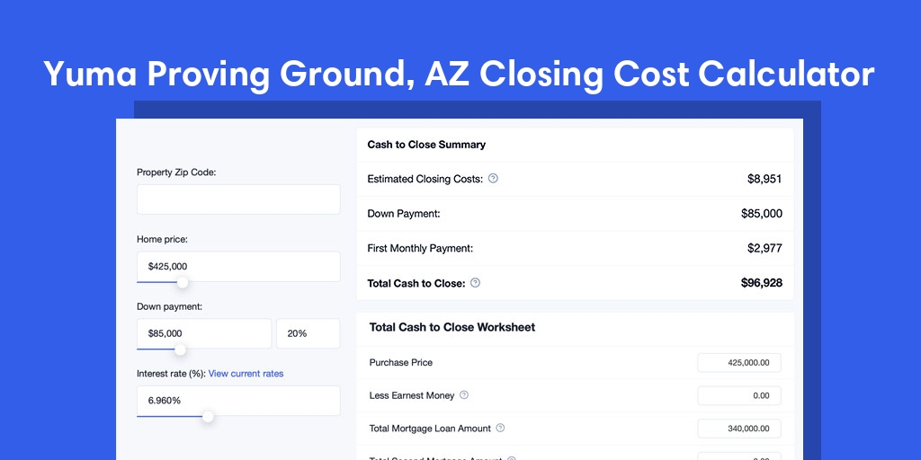 Yuma Proving Ground, AZ Mortgage Closing Cost Calculator with taxes, homeowners insurance, and hoa