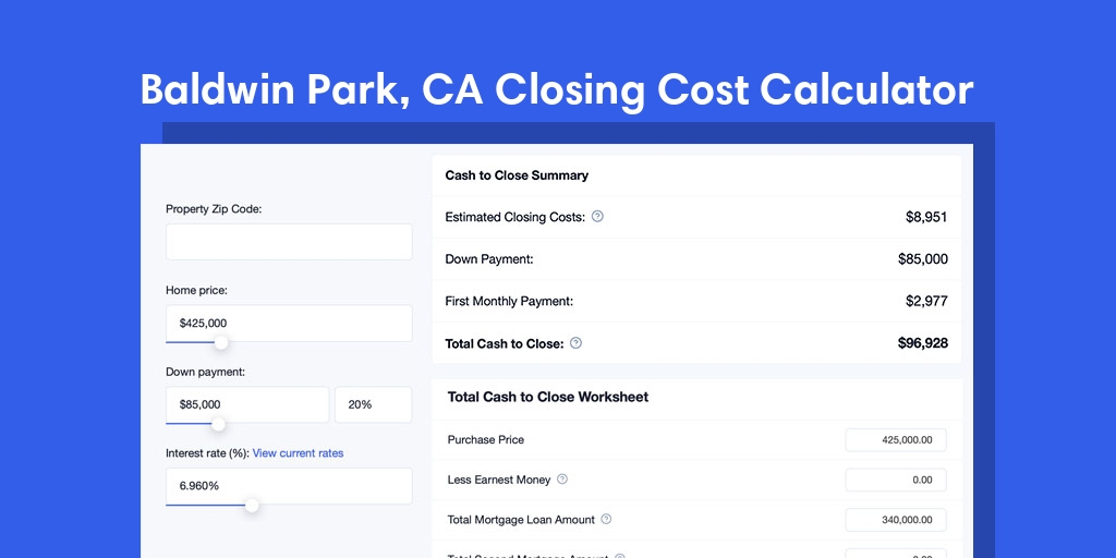 Baldwin Park, CA Mortgage Closing Cost Calculator with taxes, homeowners insurance, and hoa