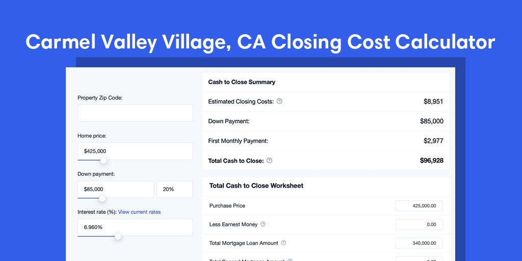 Carmel Valley Village, CA Mortgage Closing Cost Calculator with taxes, homeowners insurance, and hoa