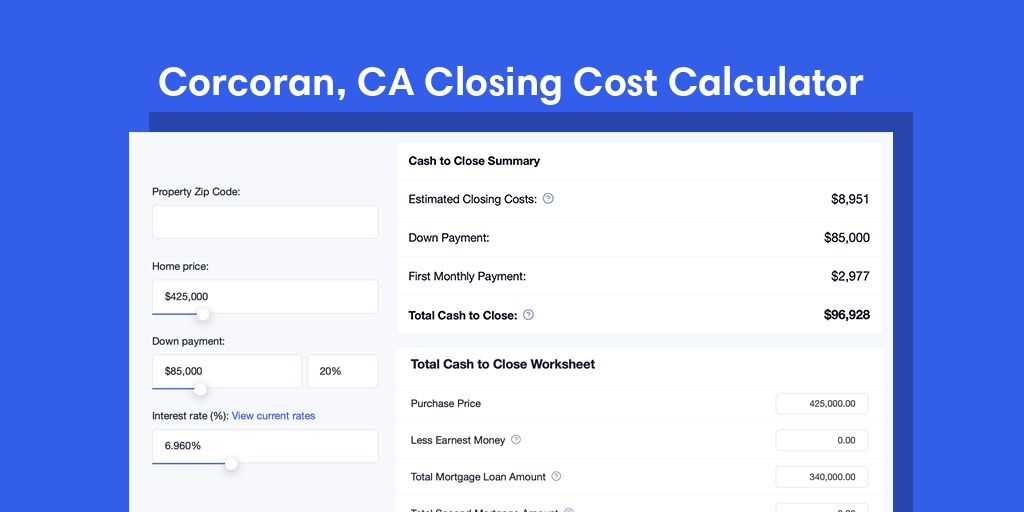 Corcoran, CA Mortgage Closing Cost Calculator with taxes, homeowners insurance, and hoa