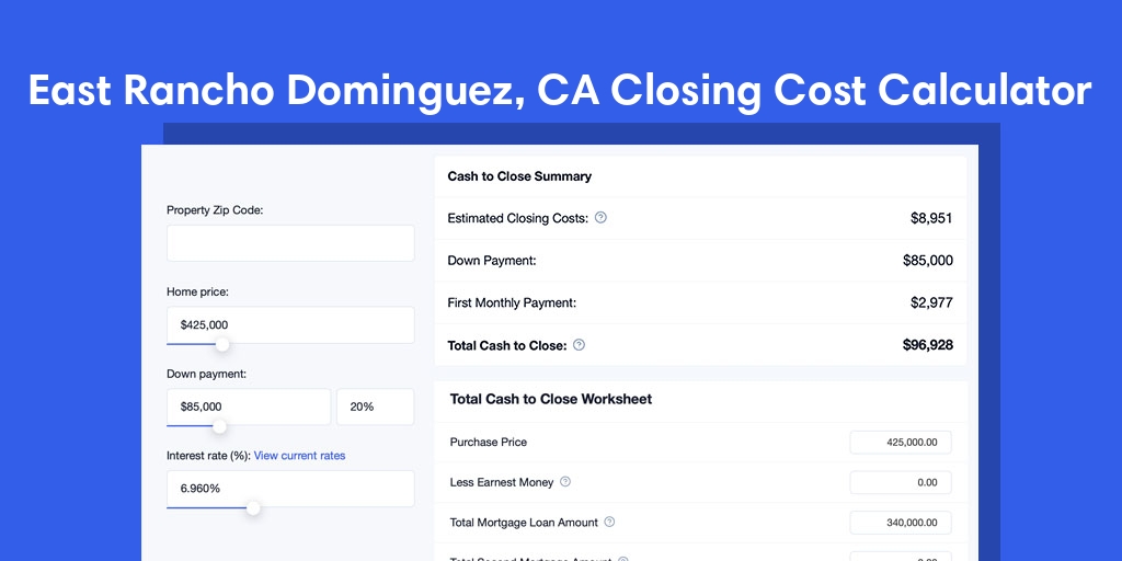 East Rancho Dominguez, CA Mortgage Closing Cost Calculator with taxes, homeowners insurance, and hoa
