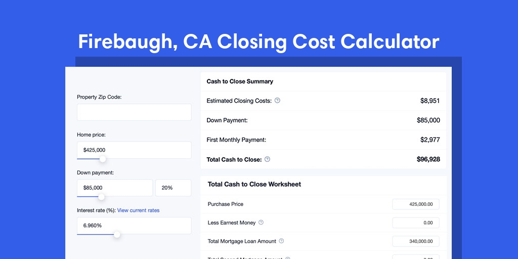 Firebaugh, CA Mortgage Closing Cost Calculator with taxes, homeowners insurance, and hoa