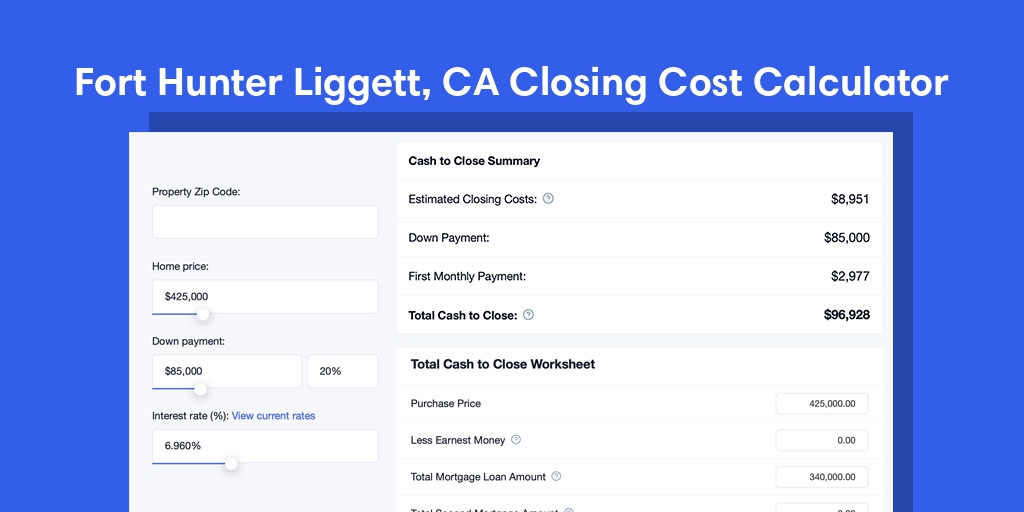 Fort Hunter Liggett, CA Mortgage Closing Cost Calculator with taxes, homeowners insurance, and hoa