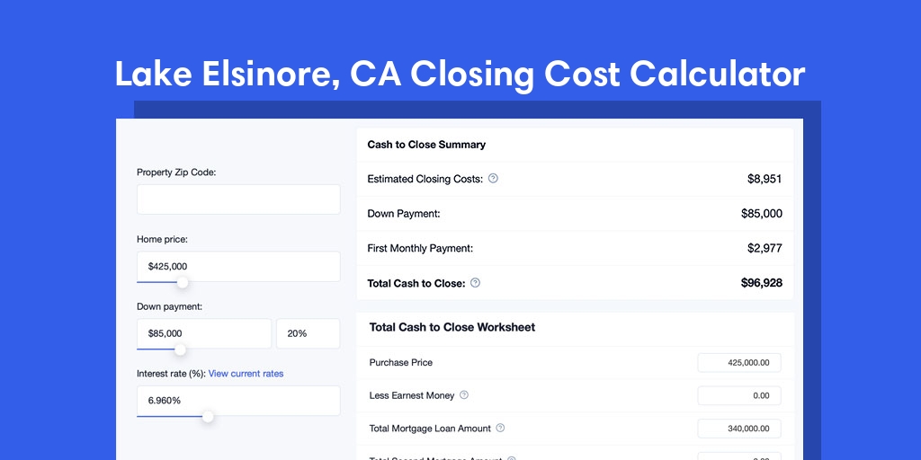 Lake Elsinore, CA Mortgage Closing Cost Calculator with taxes, homeowners insurance, and hoa