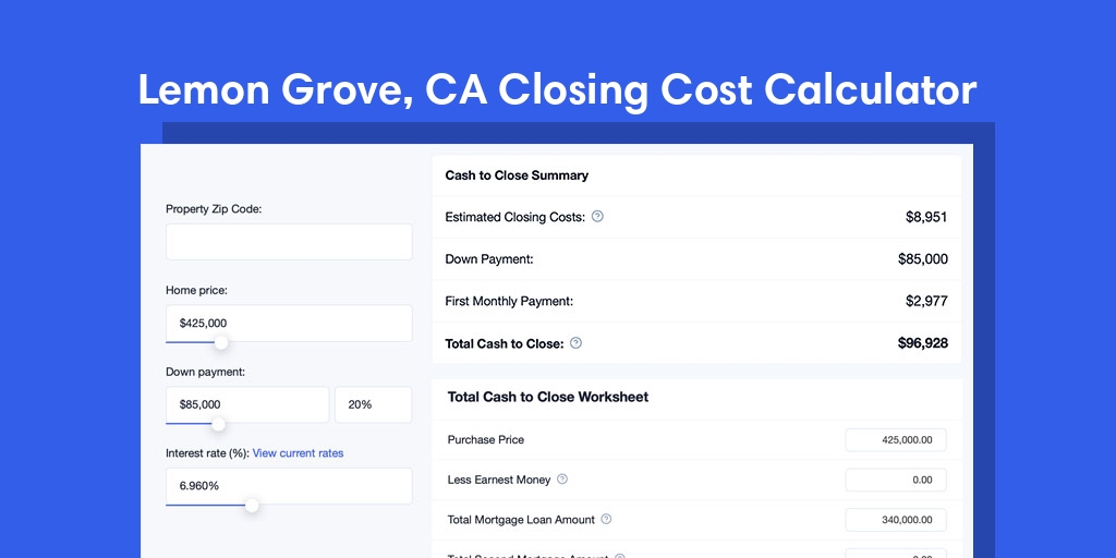 Lemon Grove, CA Mortgage Closing Cost Calculator with taxes, homeowners insurance, and hoa
