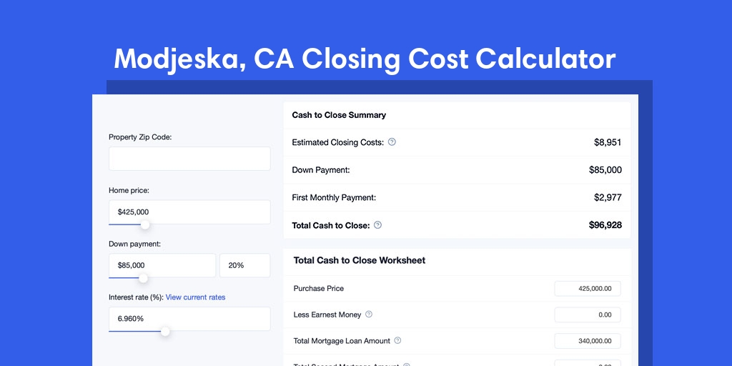 Modjeska, CA Mortgage Closing Cost Calculator with taxes, homeowners insurance, and hoa