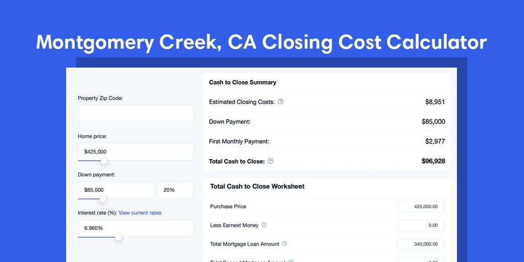 Montgomery Creek, CA Mortgage Closing Cost Calculator with taxes, homeowners insurance, and hoa