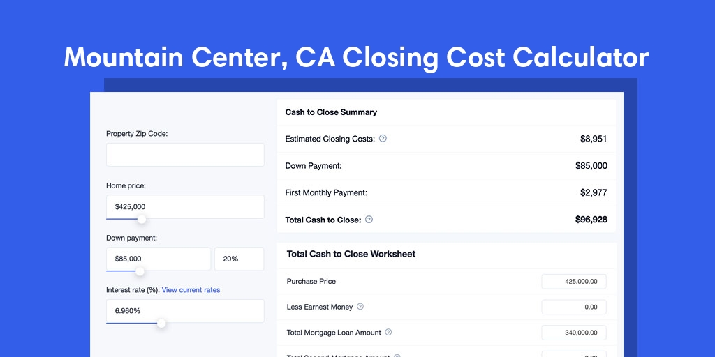 Mountain Center, CA Mortgage Closing Cost Calculator with taxes, homeowners insurance, and hoa