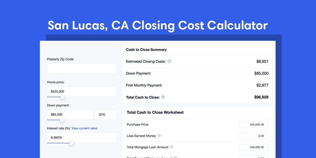 San Lucas, CA Mortgage Closing Cost Calculator with taxes, homeowners insurance, and hoa