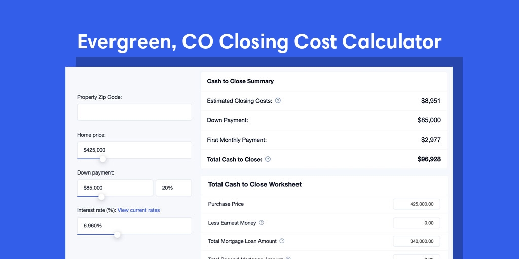 Evergreen, CO Mortgage Closing Cost Calculator with taxes, homeowners insurance, and hoa
