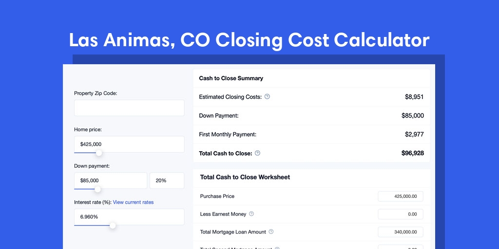Las Animas, CO Mortgage Closing Cost Calculator with taxes, homeowners insurance, and hoa