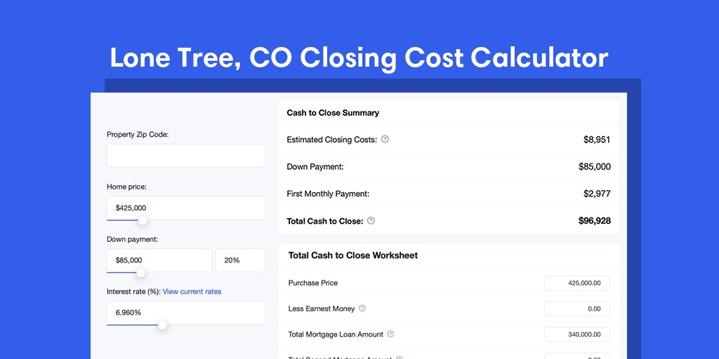 Lone Tree, CO Mortgage Closing Cost Calculator with taxes, homeowners insurance, and hoa