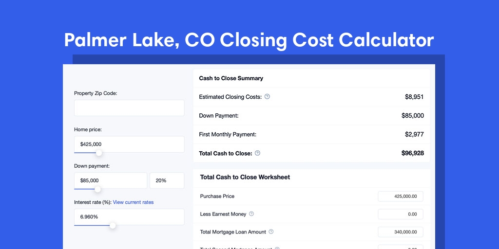 Palmer Lake, CO Mortgage Closing Cost Calculator with taxes, homeowners insurance, and hoa
