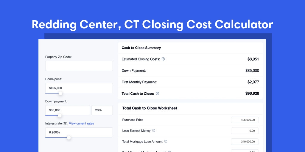 Redding Center, CT Mortgage Closing Cost Calculator with taxes, homeowners insurance, and hoa