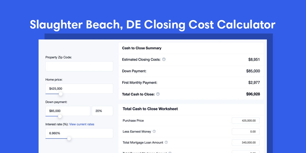 Slaughter Beach, DE Mortgage Closing Cost Calculator with taxes, homeowners insurance, and hoa