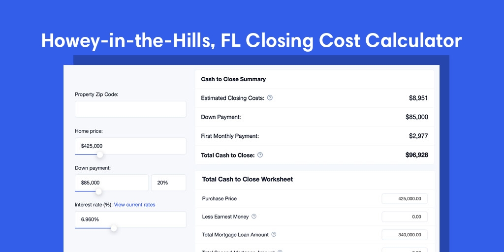 Howey In The Hills, FL Mortgage Closing Cost Calculator with taxes, homeowners insurance, and hoa