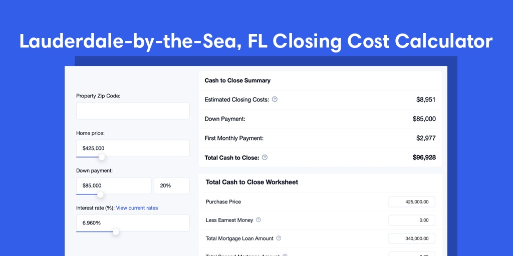 Lauderdale By The Sea, FL Mortgage Closing Cost Calculator with taxes, homeowners insurance, and hoa