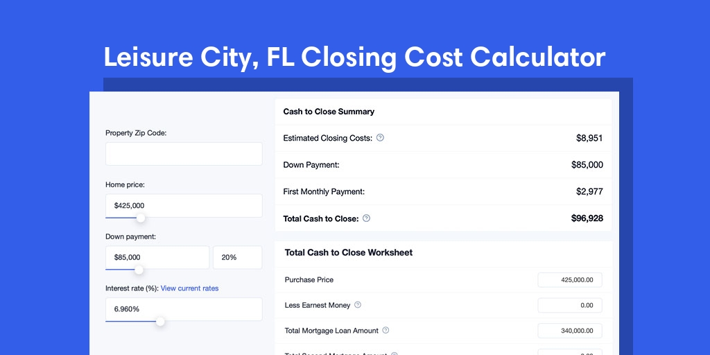 Leisure City, FL Mortgage Closing Cost Calculator with taxes, homeowners insurance, and hoa