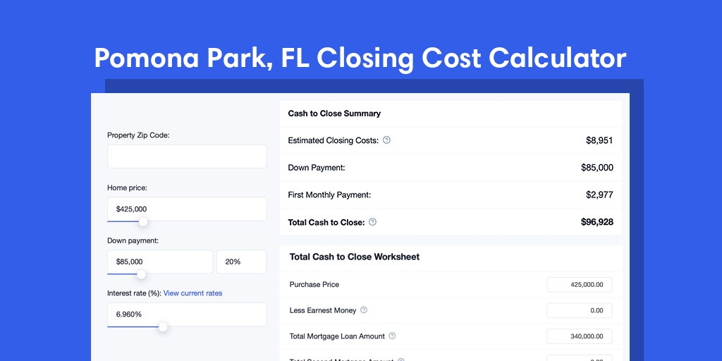 Pomona Park, FL Mortgage Closing Cost Calculator with taxes, homeowners insurance, and hoa