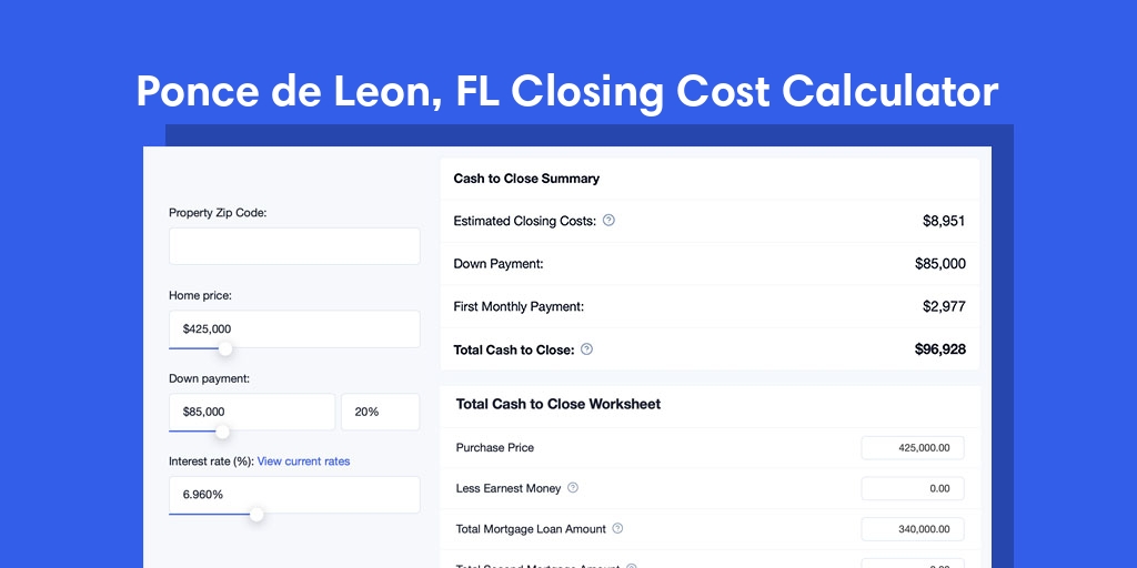 Ponce De Leon, FL Mortgage Closing Cost Calculator with taxes, homeowners insurance, and hoa