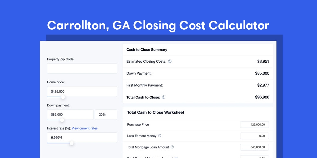 Carrollton, GA Mortgage Closing Cost Calculator with taxes, homeowners insurance, and hoa